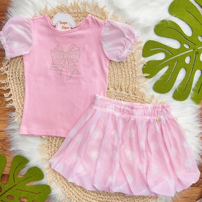 Conj. Blusa com Laço em Strass e Short Saia em Tule - Rosa